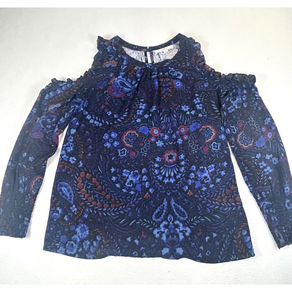 LOFT‎ Cold Shoulder Blouse Women Medium Blue Paisley Ruffle Boho Floral Top